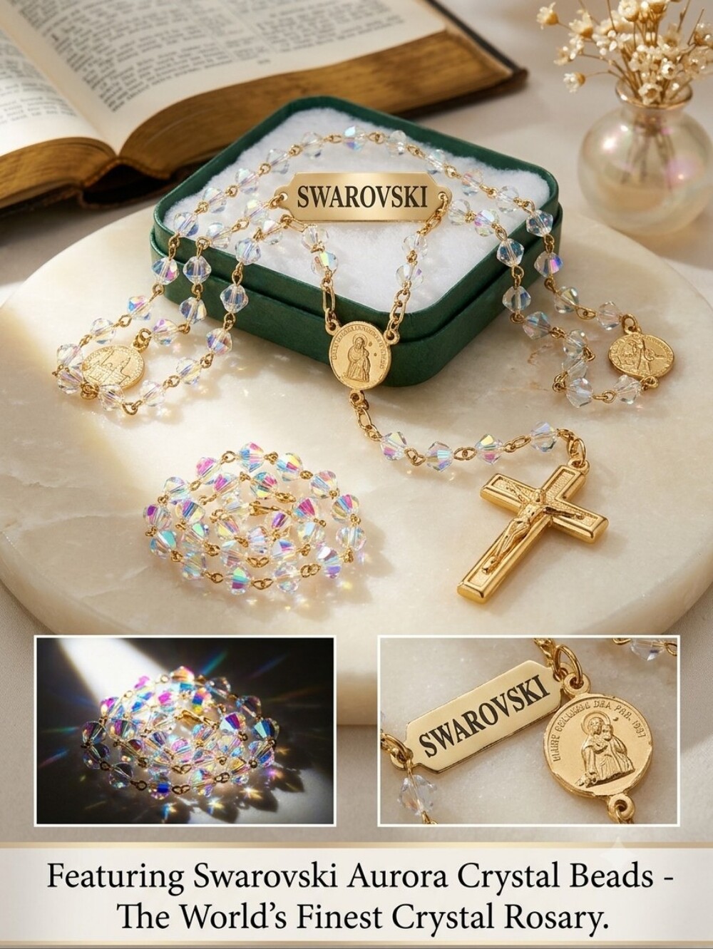 🌙 Italian 800 Silver Vermeil & Swarovski Crystal Rosary Vicenza VI 275 NOS